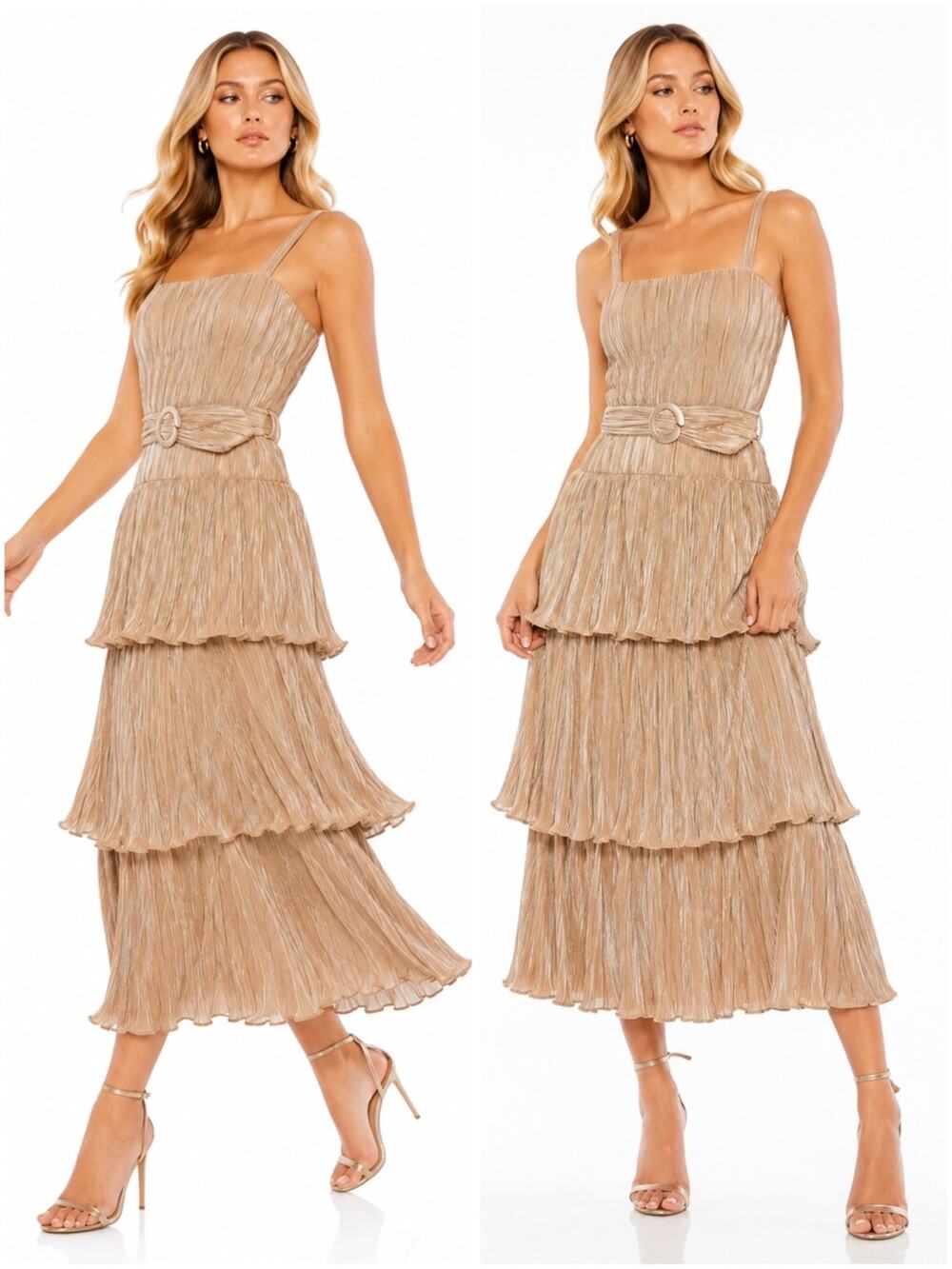 Mac Duggal Gold Metallic Pleated Ruffle Tiered Midi Dress Belted Size 4 NWT